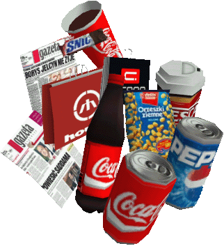 New cups, newspapers, cans etc.